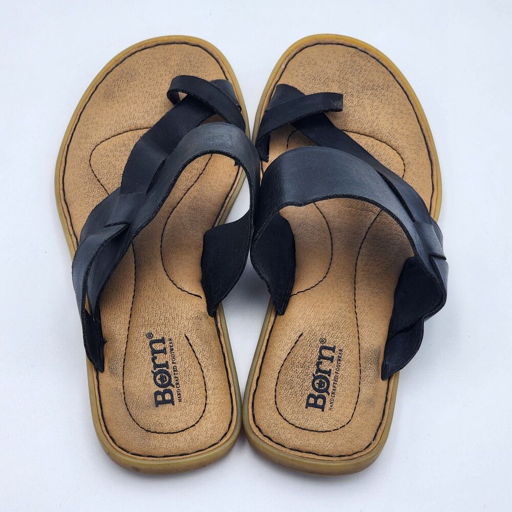 Born Veda Toe Cuff Leather Flat Slip On Comfort Sandals Black Tan Size 8 - Picture 6 of 8